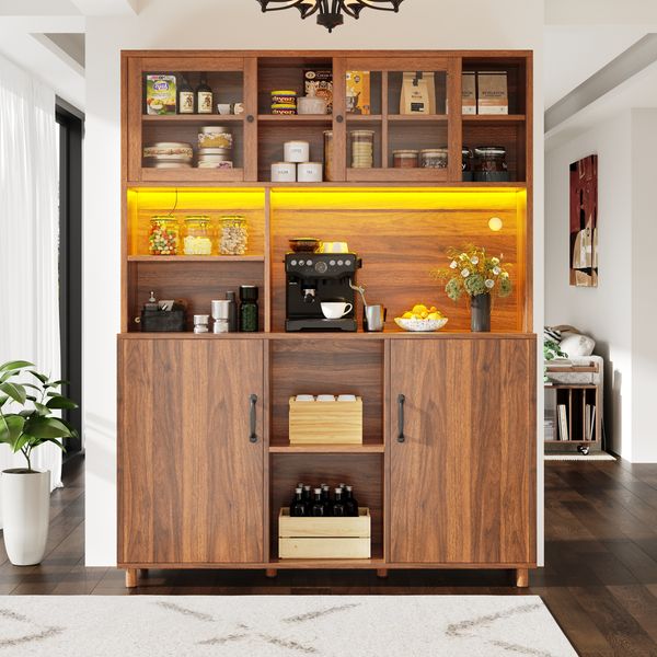 Anrichte hoher Schrank mit App-LED, Snackablage & Schiebetüren in Walnuss, 120x40x185 cm