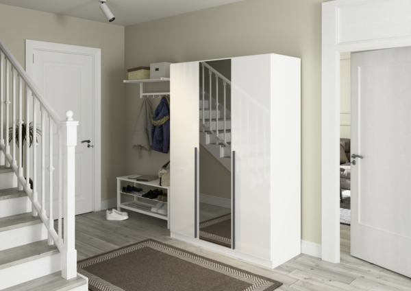 rauch Kleiderschrank Alba, Drehtürenschrank, Garderobenschrank, 4-türig, mit Spiegel, mit 3 Kleiderstangen, 4 Einlegeböden und Schubladeneinsatz, Farbe Hochglanz Weiß/Weiß, Griffstange Grau metallic, Schwarz, 181x197x54cm