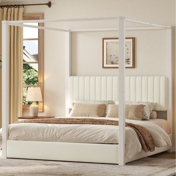 Flieks Himmelbett, Polsterbett Doppelbett 180x200cm mit weicher Rückenlehne, Metallsäulen