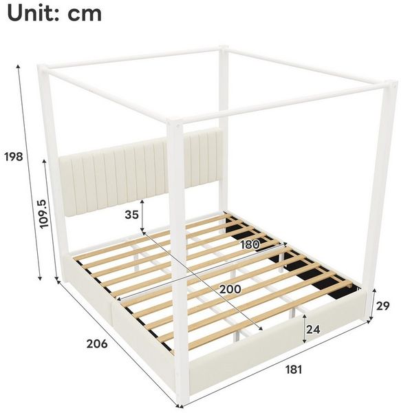 Flieks Himmelbett, Polsterbett Doppelbett 180x200cm mit weicher Rückenlehne, Metallsäulen Bild 3
