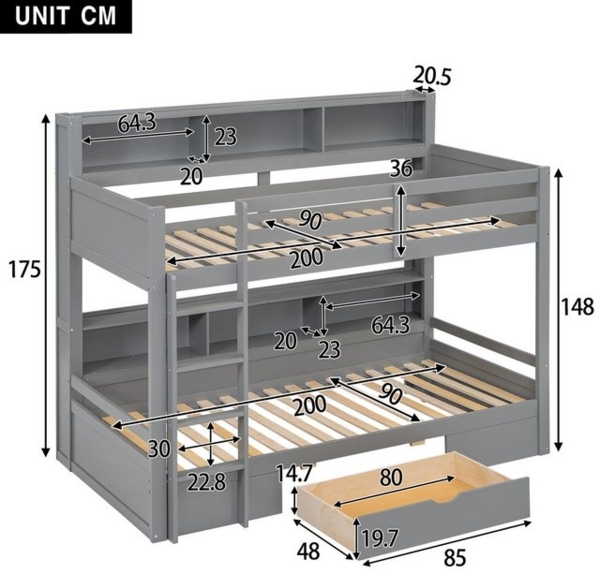 TavilaEcon Etagenbett Kinderbett Jugendbett mit Schubladen und Staufächern, 90x200cm Bild 4