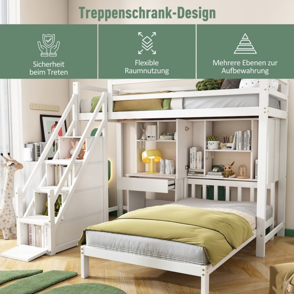 Merax Etagenbett 90x200cm mit Schreibtisch und Regale, Kinderbett mit Stauraumtreppe und für 2 Kinder, Kieferholz Bild 3