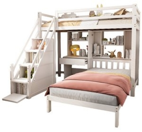 Merax Etagenbett 90x200cm mit Schreibtisch und Regale, Kinderbett mit Stauraumtreppe und für 2 Kinder, Kieferholz Bild 6