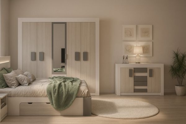 Deine Möbel 24 Schlafzimmer-Set HEAVEN II Komplettschlafzimmer Kleiderschrank 230 cm breit, (Drehtürenschrank Kleiderschrank mit Spiegeltüren Kommode 2x Nachttisch Doppelbett 160x200 inkl. Lattenrost und LED-Beleuchtung, 5-tlg, Set), mit LED-Beleuchtun...