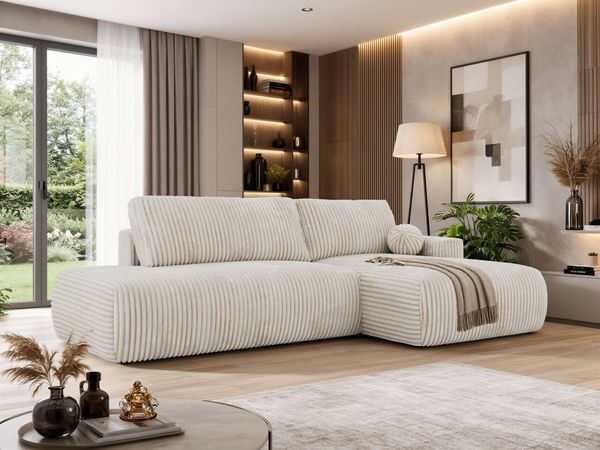 Ecksofa TAREN L mit Schlaffunktion, Bettkasten, DL-Mechanismus, Wellenfederung und freistehendem, Sofa mit Stauraum - Beige Cord - Rechts