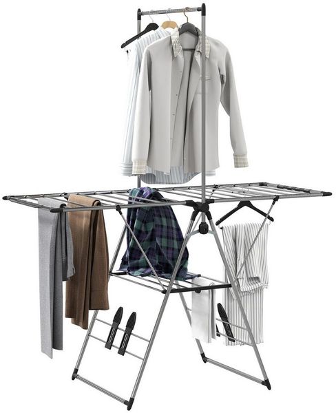 HOMCOM Wäscheständer mit 2 Ebenen, verstellbare Flügel, Schuhhaltern, für Innen und Außen, Edelstahl, Silber