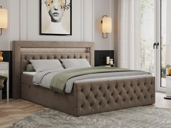 Boxspringbett, Stauraumbett mit Bettkasten, LED - GOLD-9 - 160x200cm - Braun Velours - H4