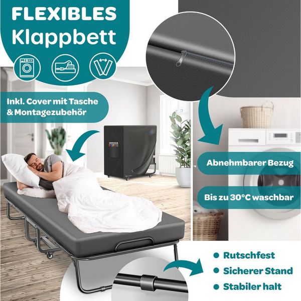 KESSER® Klappbett 200x90cm Gästebett inkl. Matratze aus Memory-Schaum & Rollen | faltbares Reisebett mit Metallrahmen für Erwachsene belastbar bis 250kg | Metallbett mit Schaumstoffmatratze & Cover Anthrazit, Deluxe Plus
