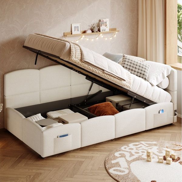 Flieks Polsterbett, Hydraulisches Kinderbett Daybett 90x200cm mit USB-Aufladen & Stauraum