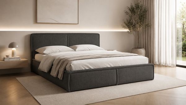 MOEBLO Polsterbett BETT 04 (Bezug: aus Cord, Doppelbett mit Kopfstütze, Rahmenbettgestell 180x200, mit Bettkasten und Lattenrost), mit Bettkasten
