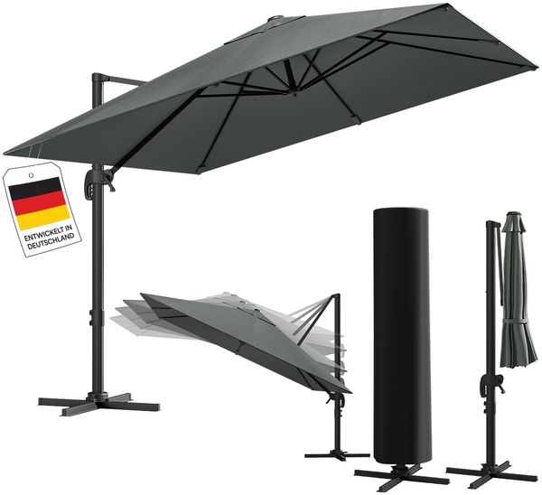 STEELSØN 'Elaris' Premium Sonnenschirm 300x300 cm quadratisch, neigbar und 360-Grad drehbar, anthrazit, Ampelschirm inkl. Hülle, extrem robuste Metall-Stange, 220 g/m² Polyester, UV50+