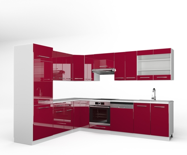 Eckküche Fame-Line Bordeaux Hochglanz/Weiß 287 x 46 cm ohne Arbeitsplatte Vicco