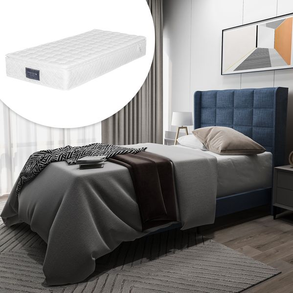 Polsterbett 90x200 cm mit Lattenrost und Federkernmatratze – Einzelbett aus Leinen in Blau