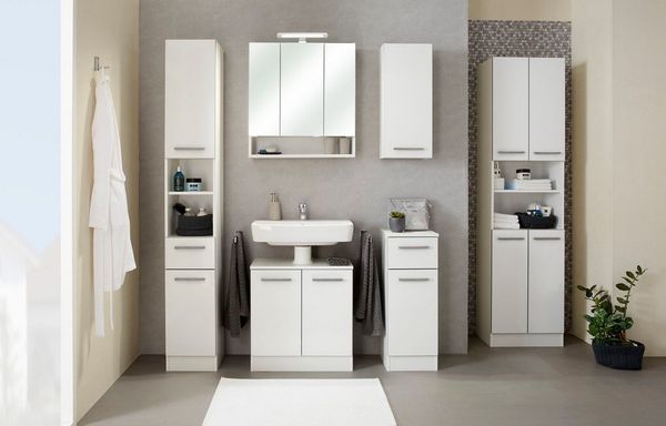 Saphir Hochschrank Quickset 953 Badschrank 50 cm breit, 4 Türen, Nische, 3 Einlegeböden Badezimmer-Hochschrank, Weiß Glanz, Griffe in Betonoptik