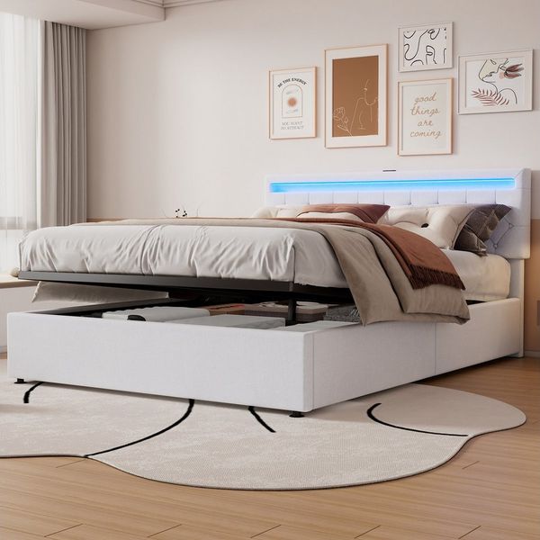 MODFU Polsterbett hydraulisches Bett mit Hebemechanismus (mit Stauraum, LED-Ambientelicht, USB & Typ-C Anschluss, 160x200 cm), ohne Matratze