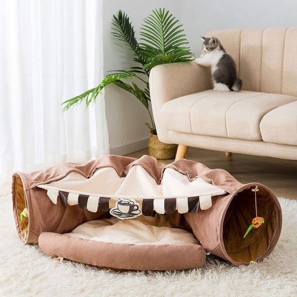 Refined Living Tierbett Katzentunnel Mit Schlafplatz, Rascheltunnel Für Katzen, Faltbar,Tierbett und Katzentunnel in einem,Super weich,mit Spiel,Luxus Katzentunnel für Katzen & kleine Hunde, mit faltbarem Rohr, abnehmbarer Matte und Schüttelbällen