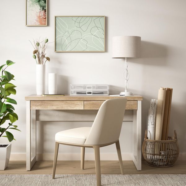 Forte Duro Schreibtisch 120, Moderne Landhaus Schreibtischkonsole mit 2 Schubladen, Home Office, Holzwerkstoff, Pinie Weiß/Antikeiche Holzdekor, 120 cm breit x 75,8 cm hoch x 48 cm tief