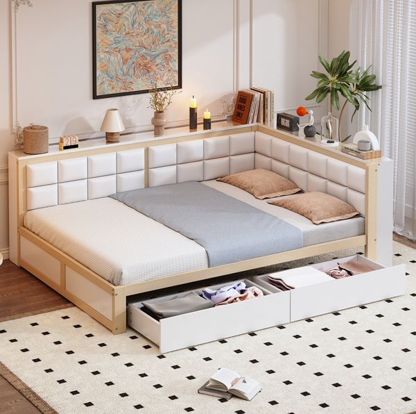 Schlafsofa Natur Holzfarbe 140x200 Ergonomische Rückenlehne Schubladen Stauraum Massivkiefer 150kg Tragkraft Doppelbett Gästebett