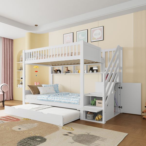 Etagenbett 90×200 cm mit Ausziehbett, Stauraumtreppe und Rausfallschutz, Weiß, ohne Matratze