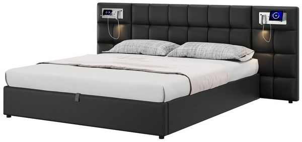 Sweiko Polsterbett Hydraulikbett mit USB port und Wireless Charging (Stauraumbett mit beleuchtete Lampe und Stauraum, 1-tlg, Holzlattenunterstützung), 180 x 200 cm,Ohne Matratze,PU,Schwarz
