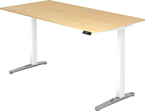 bümö elektrisch höhenverstellbarer Schreibtisch 200x100 cm mit Memory-Steuerung - Design Schreibtisch höhenverstellbar elektrisch, elektrischer Schreibtisch Ahorn, Gestell weiß/alu, XBHM2E-3-WC