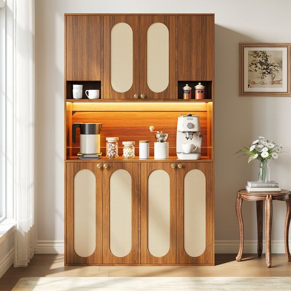 Merax Hoher Sideboard-Schrank mit PE-Rattan, Hausbar-Schrank mit farbverstellbarer LED-Beleuchtung, Aufbewahrungsschrank für Geschirr und Vorräte, Staurschrank, Natur