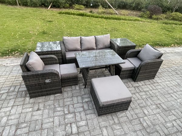 Fimous Hoher Rücken Rattan Gartenmöbel Sets mit Rechteckiger Esstisch Liegestühle 3-Sitzer Sofa 3 Hockern 2 Beistelltischen 8-Sitzer