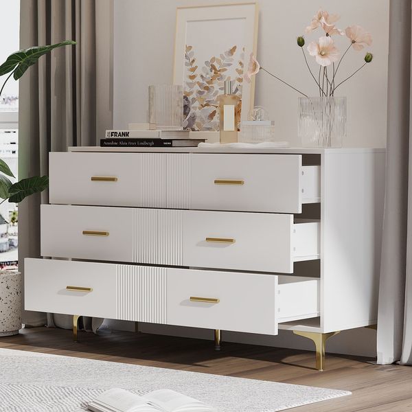 Kommode mit 6 Schubladen, Wellenfront & hohen Füßen, 120 x 40 x 76 cm, Weiß