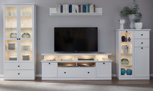 trendteam Wohnwand Baxter, (in Landhaus weiß, Komplett-Set 4-teilig, 370 cm), mit großem TV Lowboard