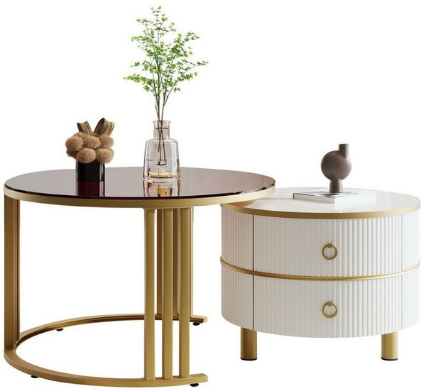 Merax Couchtisch Set aus Holz mit Schubladen und Metallrahmen, Wohnzimmertisch, hochglanz Satztisch, Beistelltisch mit Glastischplatte