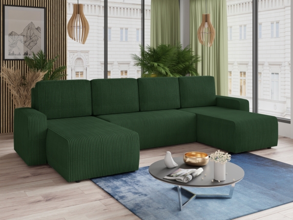 Wohnlandschaft mit Schlaffunktion Roma - U-Form Couch, Schlafsofa mit Bettkasten, Couchgranitur mit Bettfunktion, Big Sofa, Cord Stoff (Grün (Poso 014))