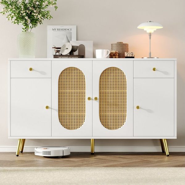 Flieks Kommode mit 2 Schubladen, Rattan-Türen und verstellbarer Einlegeböden Weiß (Schrank für Wohnzimmer, Schlafzimmer und Esszimmer, 1 St, B140 x T35 x H82 cm), Sideboard Mehrzweckschrank mit goldenen Metallgriffen & Metallbeinen