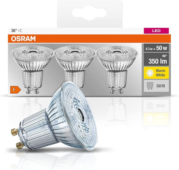 Osram LED Base PAR16 Reflektorlampe, mit GU10-Sockel, nicht dimmbar, Ersetzt 4,3 Watt, 36° Ausstrahlungswinkel, Warmweiß - 2700 Kelvin, 3er-Pack