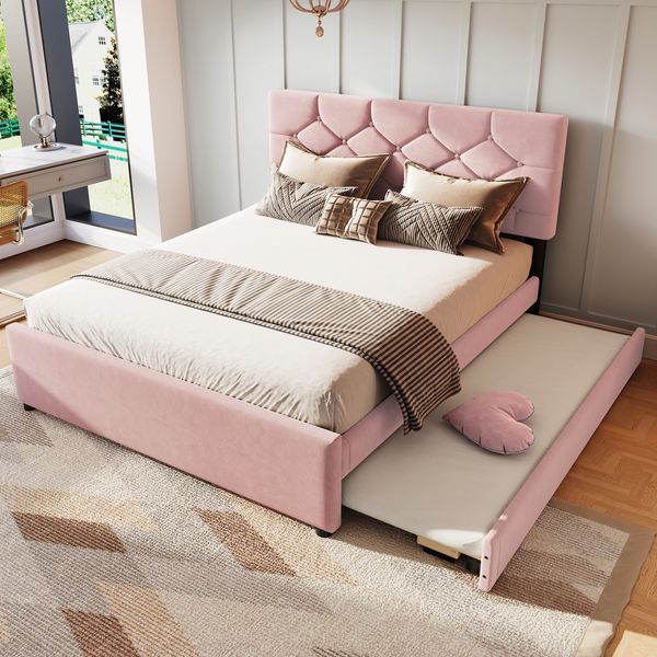 Polsterbett 140×200 cm aus Samt-Stoff mit Rollbett und Lattenrost, rosa
