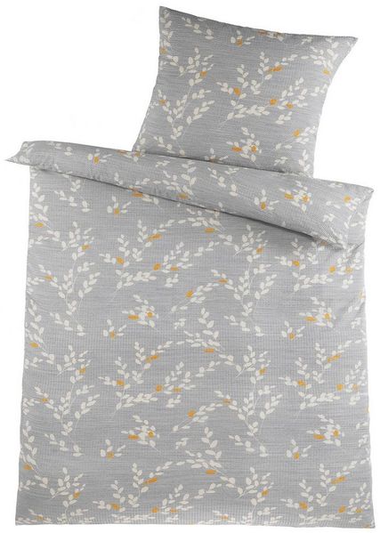 KH-Haushaltshandel Bettwäsche 2-tlg. Soft Seersucker Bettwäsche 135x200 +80x80 cm, Zweige, Seersucker, 2 teilig, bügelfrei, hellgrau, mit Zweigen gemustert, softig weich