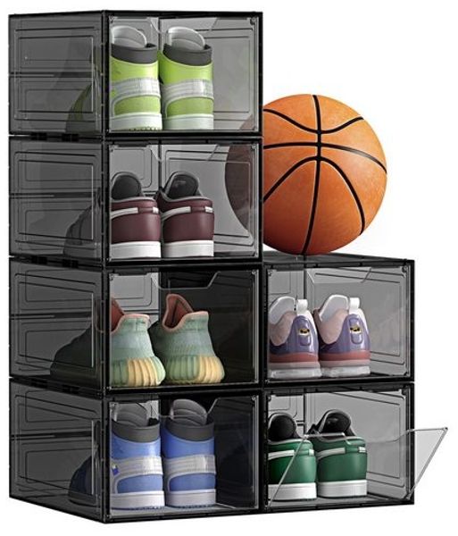 SONGMICS Schuhboxen, Schuh-Organizer aus Kunststoff, mit Tür, durchsichtig, 6er Set, stapelbar, einfache Montage, 34 x 25 x 18,4 cm, für Schuhe bis Größe 44, transparentes Weiß LSP032W06