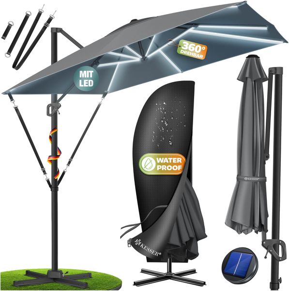 KESSER® Sonnenschirm Ampelschirm SUN XL 300 x 300 cm Inkl. Abdeckung +Windsicherung Drehbar Neigbar Kippbar Marktschirm Groß 360° Rotation, Gartenschirm mit Kurbel Sonnenschutz UV50+ Anthrazit, Mit LED