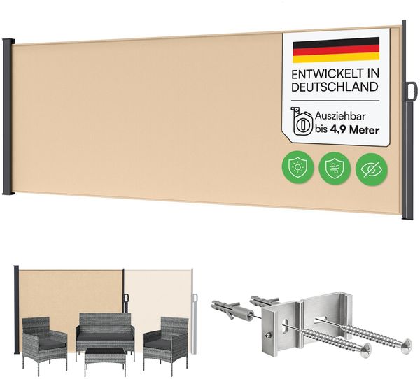 STEELSØN 'Zirella' Seitenmarkise mit Aluminium-Kassette, ausziehbar, 180x485 cm, beige/anthrazit, Windschutz, wetterfest und blickdicht