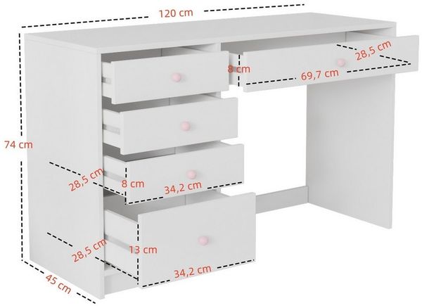 Celya Schreibtisch Schreibtisch, schlichter Kinderschreibtisch (weiß, 120×45×74 cm, rosa Keramikgriffen, für jedes Alter geeignet), zeitloser Computertisch/Dressingtable, mit 5 Aufbewahrungsschubläden