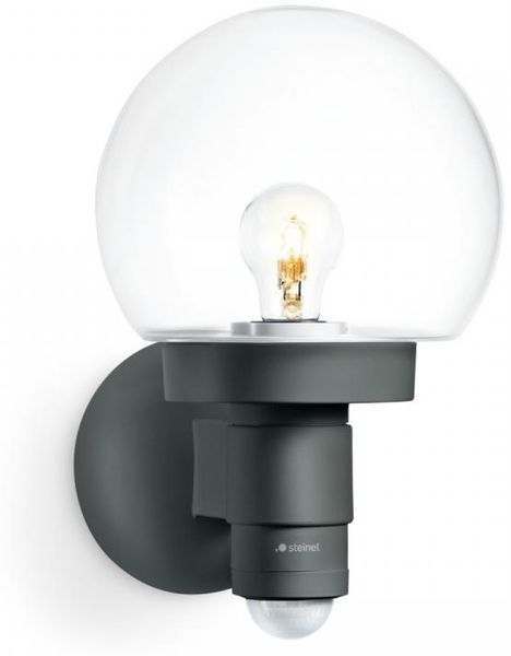 Steinel Sensor-Außenleuchte L 115 S anthrazit, 240°-Bewegungsmelder, 12 m Reichweite, Kugelleuchte E27, Grundlicht, Softlichtstart