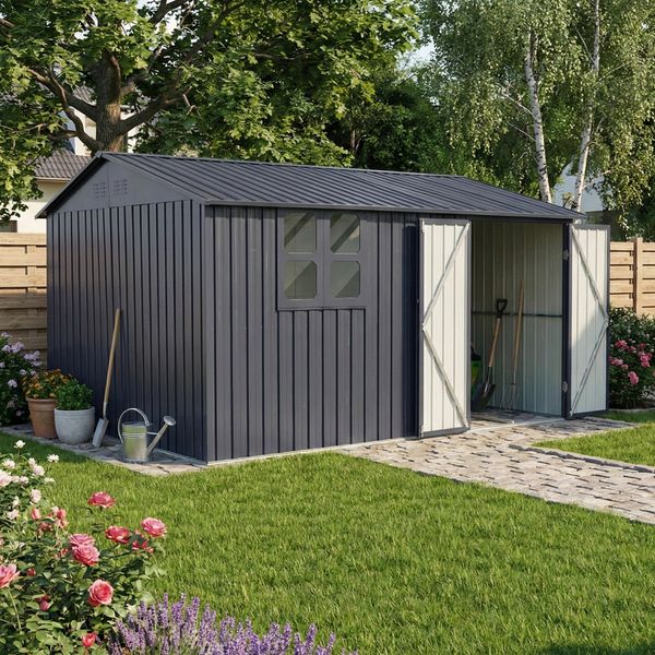 Albatros Profi Gerätehaus XXXL – verzinktes Metall in Anthrazit (RAL 7016) | 371x304x201cm (22,6m³) | Inkl. Schloss & Werkzeughaken | wetterfest