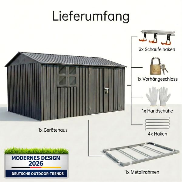 Albatros Profi Gerätehaus XXXL – verzinktes Metall in Anthrazit (RAL 7016) | 371x304x201cm (22,6m³) | Inkl. Schloss & Werkzeughaken | wetterfest Bild 7