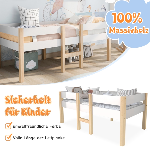 Bett 90x190 cm mit Rausfallschutz aus Kiefernholz – halbhohes Kinderbett in Weiß mit Stauraum unter der Liegefläche Bild 4