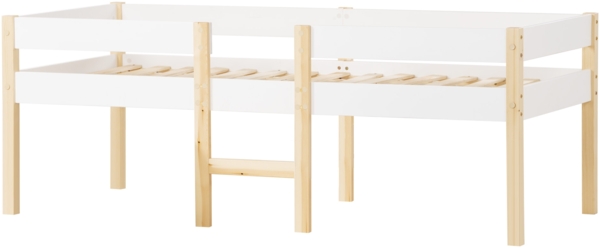 Bett 90x190 cm mit Rausfallschutz aus Kiefernholz – halbhohes Kinderbett in Weiß mit Stauraum unter der Liegefläche Bild 8