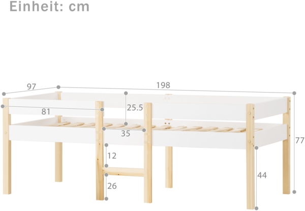 Bett 90x190 cm mit Rausfallschutz aus Kiefernholz – halbhohes Kinderbett in Weiß mit Stauraum unter der Liegefläche Bild 5