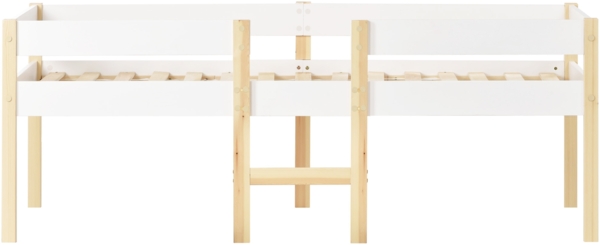 Bett 90x190 cm mit Rausfallschutz aus Kiefernholz – halbhohes Kinderbett in Weiß mit Stauraum unter der Liegefläche Bild 7