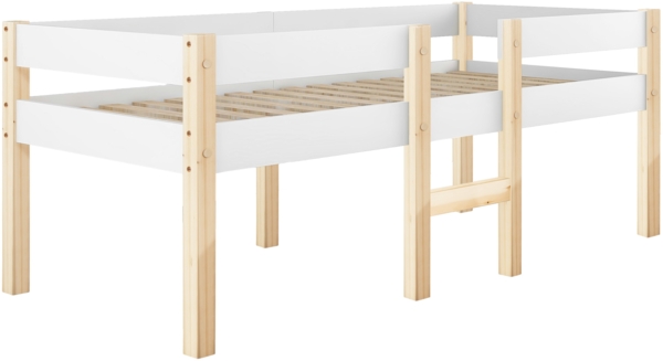Bett 90x190 cm mit Rausfallschutz aus Kiefernholz – halbhohes Kinderbett in Weiß mit Stauraum unter der Liegefläche Bild 10