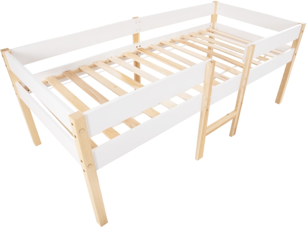 Bett 90x190 cm mit Rausfallschutz aus Kiefernholz – halbhohes Kinderbett in Weiß mit Stauraum unter der Liegefläche Bild 9