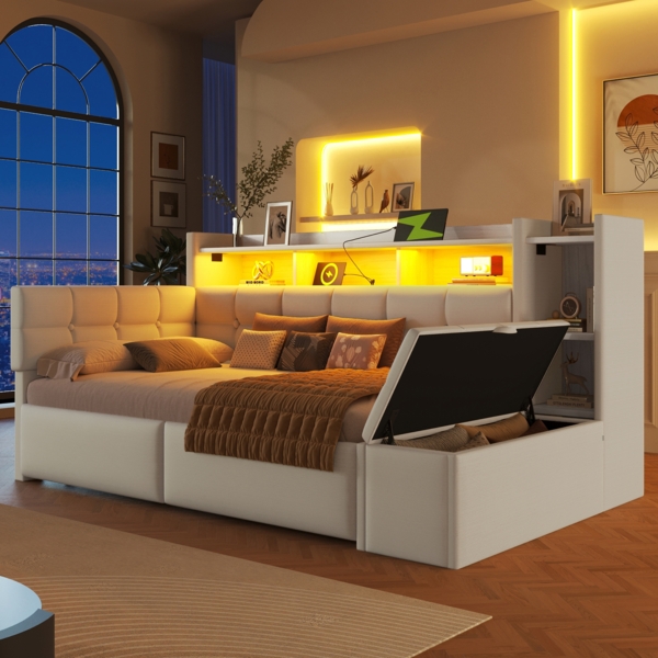 Merax Polsterbett 90 × 190 cm, Tagesbett, Daybett, Schlafsofa, mit 2 Schubladen, USB- und Typ-C-Anschlüssen, LED-Lichtleiste, Ohne Matratze, Samt, Weiß