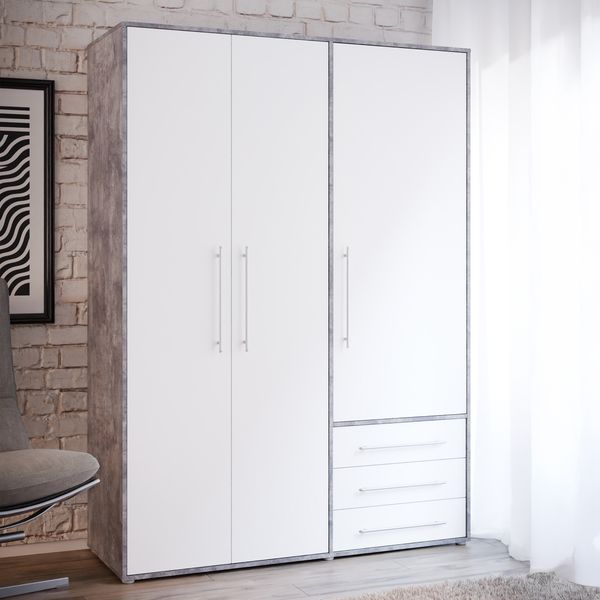 Forte MOKKARIS Kleiderschrank 140 150, 3-türig, 2 Schubladen, Einglegeböden, Kleiderstange, Holzwerkstoff, Betonoptik Grau / Weiß, 144,4 cm breit x 200,1 cm hoch x 52,7 cm tief